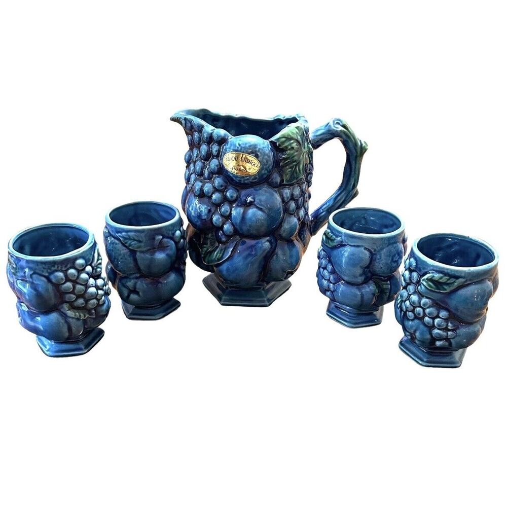 Vintage Inarco Mood Indigo Pottery 5pc set Pitcher and Mugs Cups E-2853 Blue